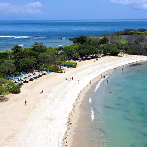 Aerial view of the white sandy beach at Nusa Dua in the Bukit Peninsula in Bali Indonesia