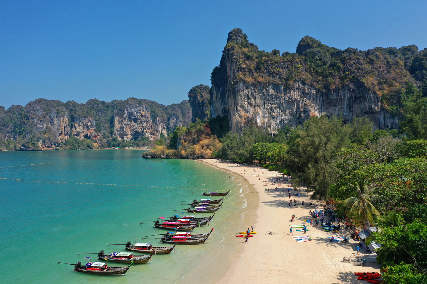 Longtail boats lined up at Railay Beach