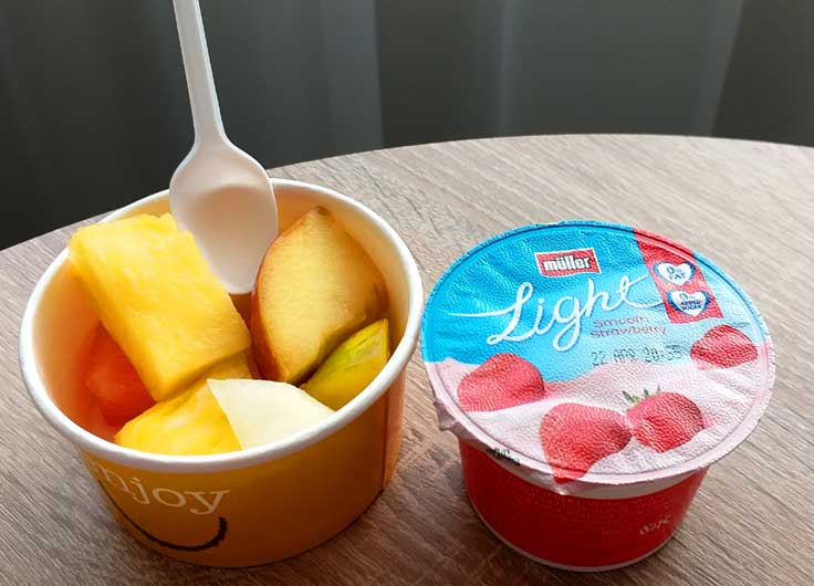 Fruit salad and yogurt breakfast at Holiday Inn quarantine hotel